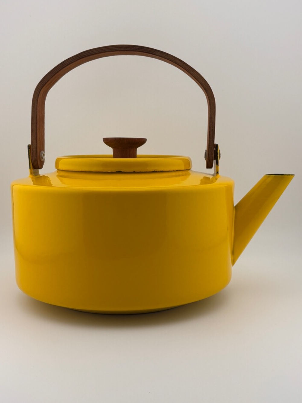 Vintage Copco Yellow Enamel Tea Kettle With Teak Handle And Knob